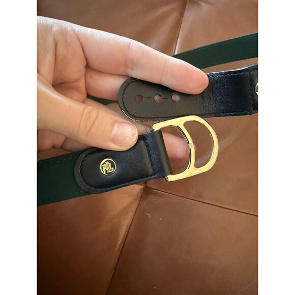 Ralph Lauren Hunter Green Fabric Belt Black Leather Gold Hardware Adjust 22-32” - Picture 3 of 3